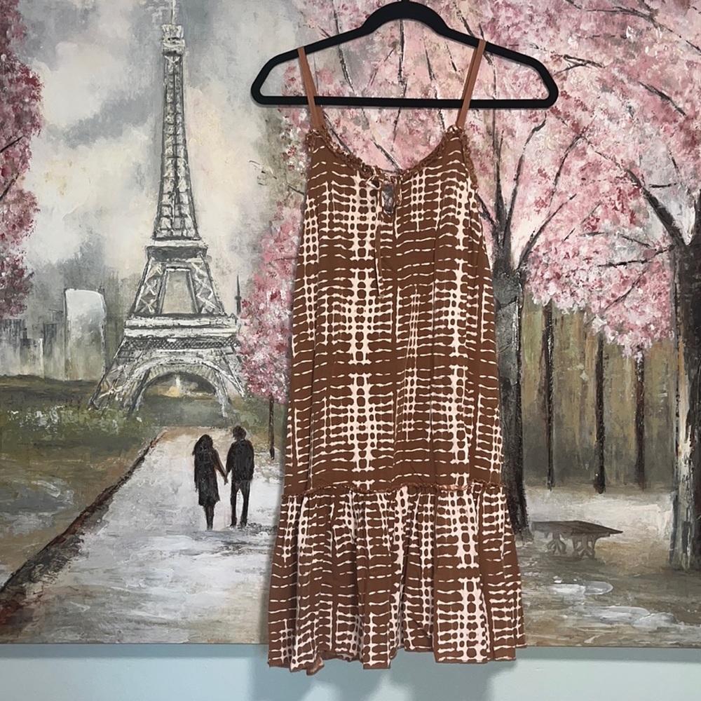 Garconne Vintage 80's Brown and Cream Sleeveless Tie Front Dress size S EUC